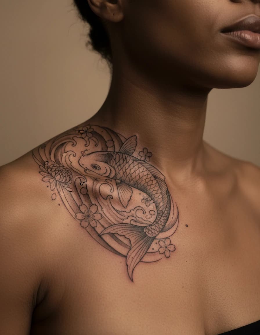 AI-generated concept: Fine Line koi fish tattoo illustrated on the collarbone