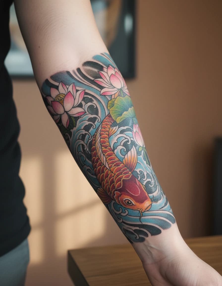 AI-generated concept: Ornamental koi fish tattoo illustrated on the inner forearm