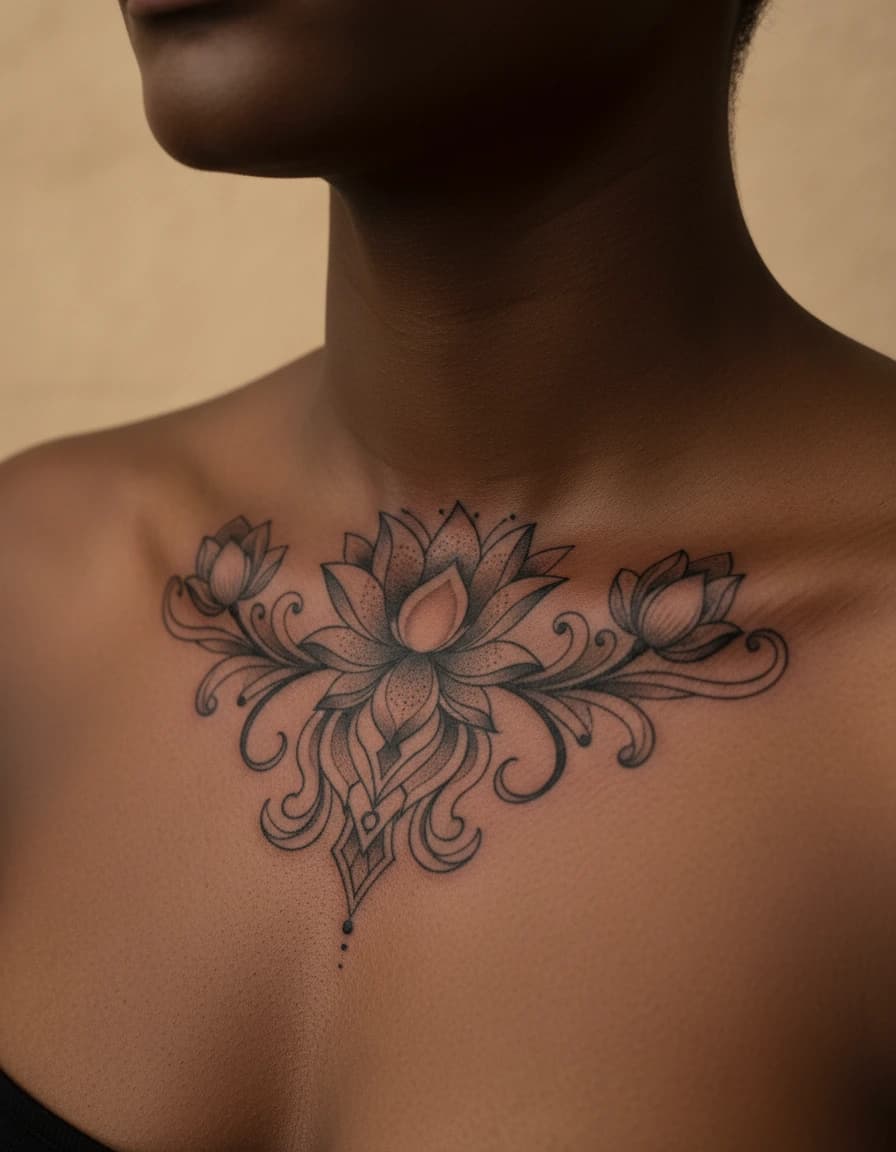 AI-generated concept: Blackwork lotus tattoo illustrated on the collarbone