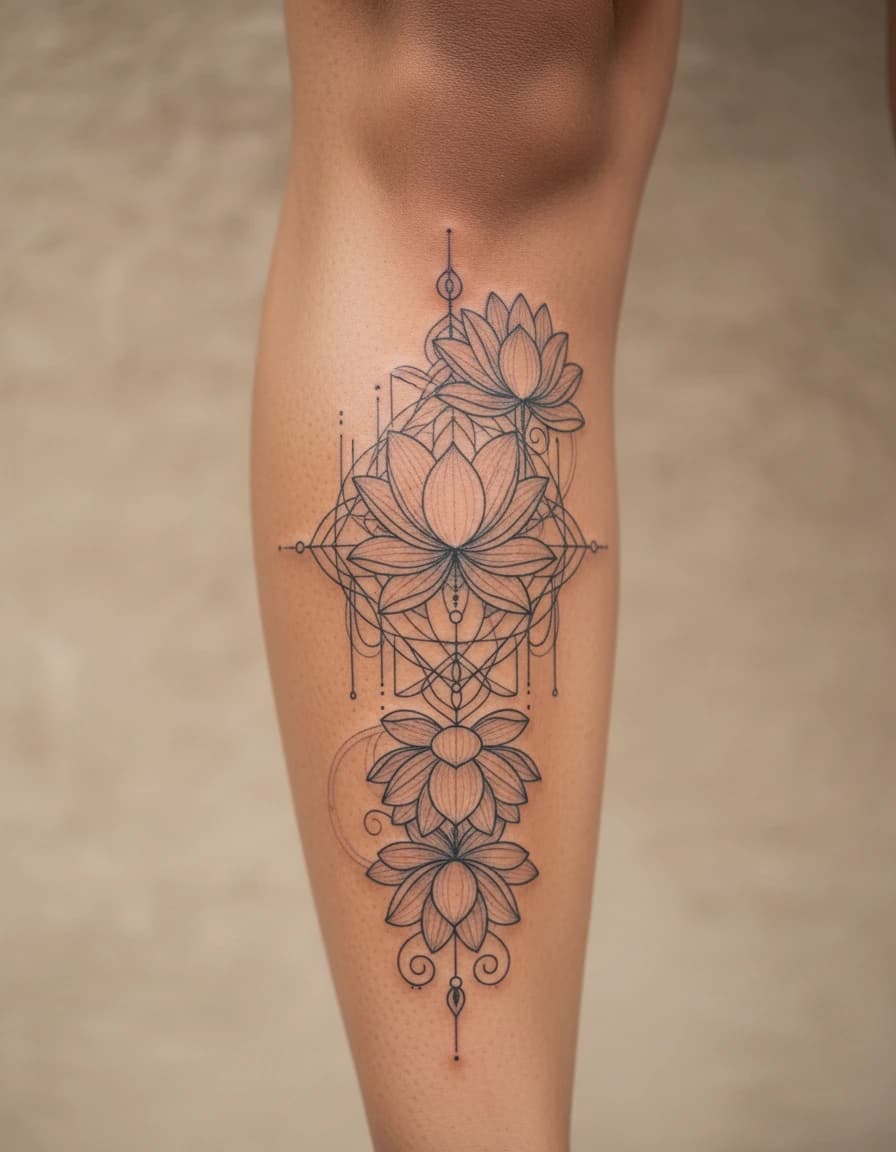 AI-generated concept: Fine Line lotus tattoo illustrated on the calf