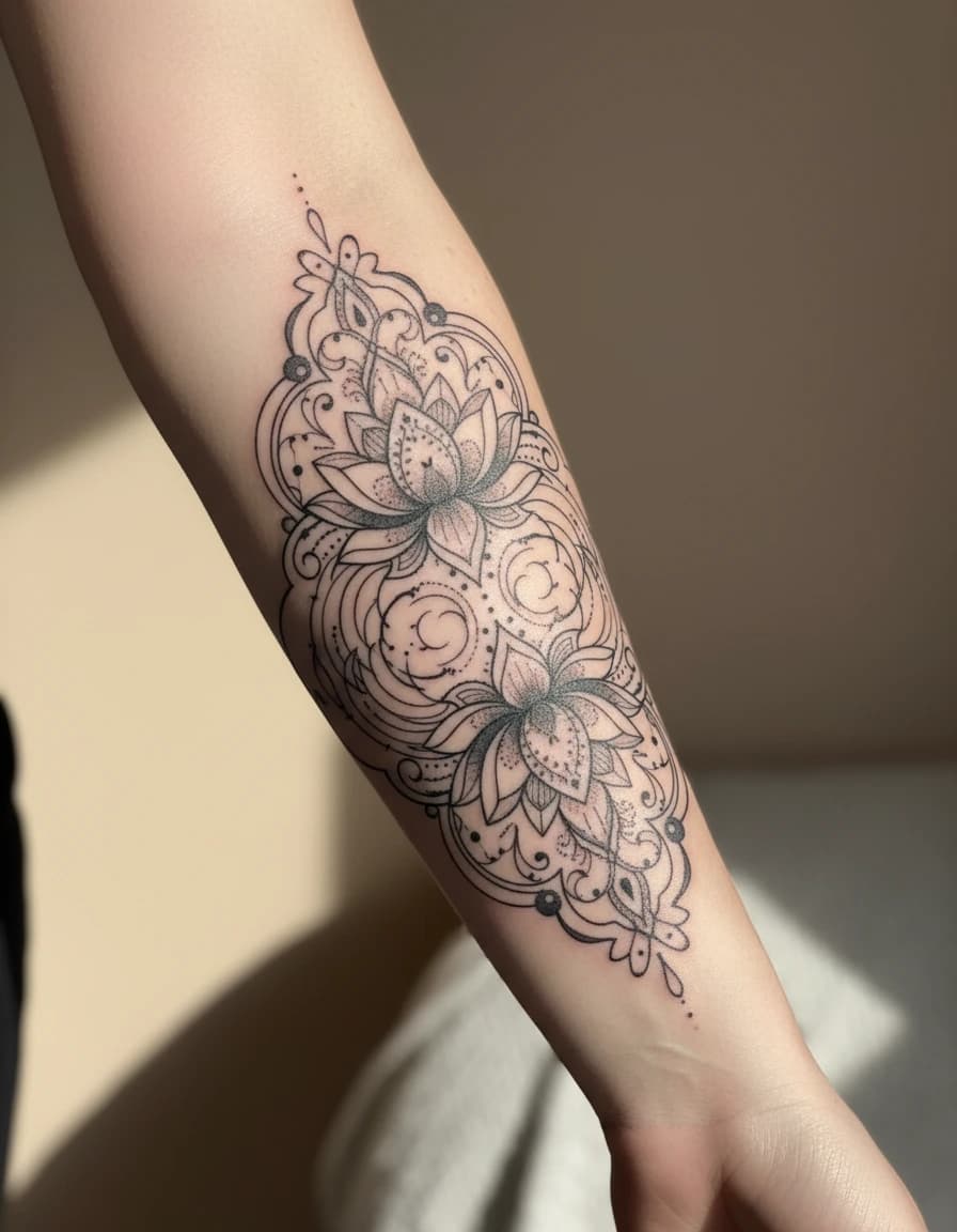 AI-generated concept: Ornamental lotus tattoo illustrated on the inner forearm