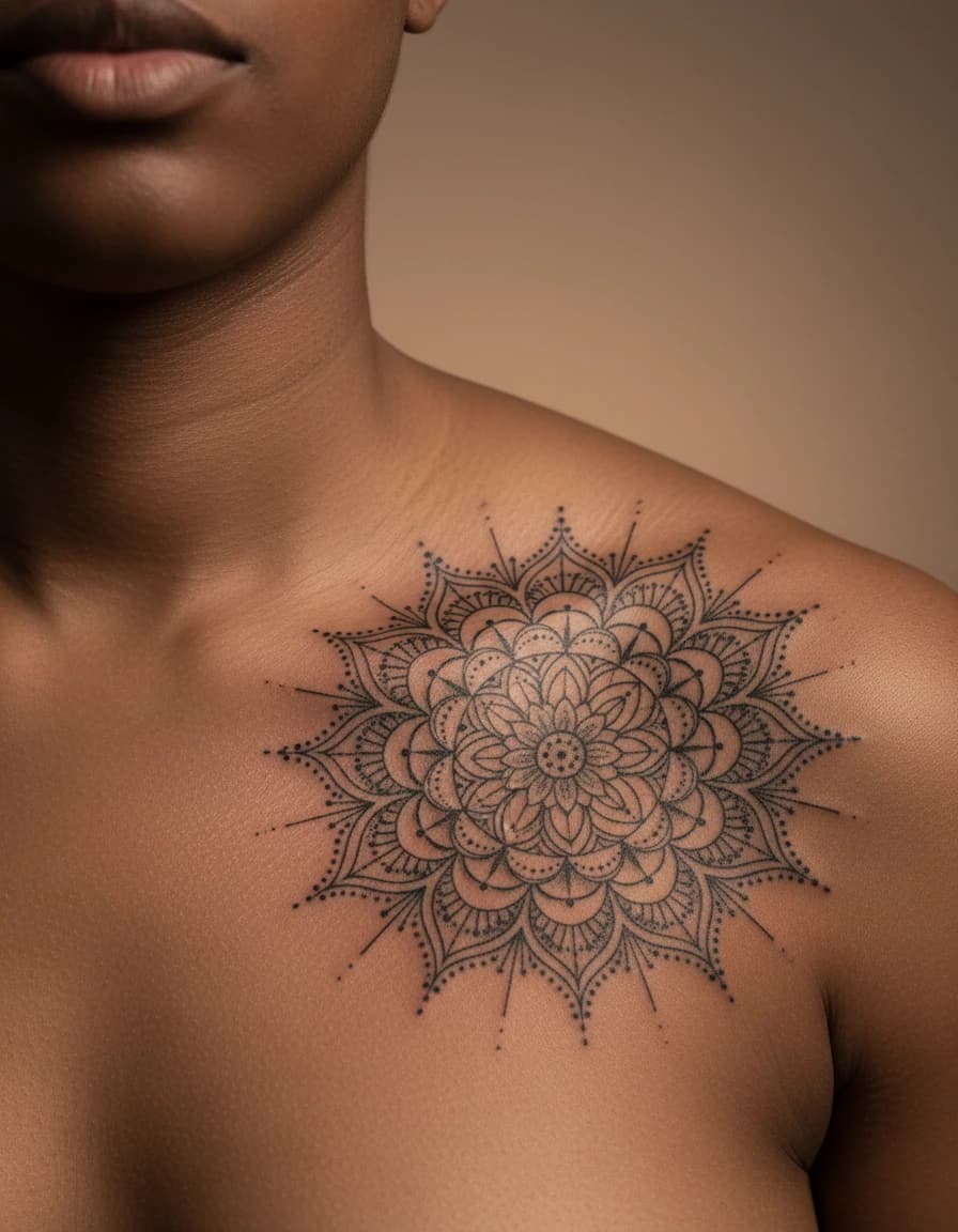 AI-generated concept: Blackwork mandala tattoo illustrated on the collarbone