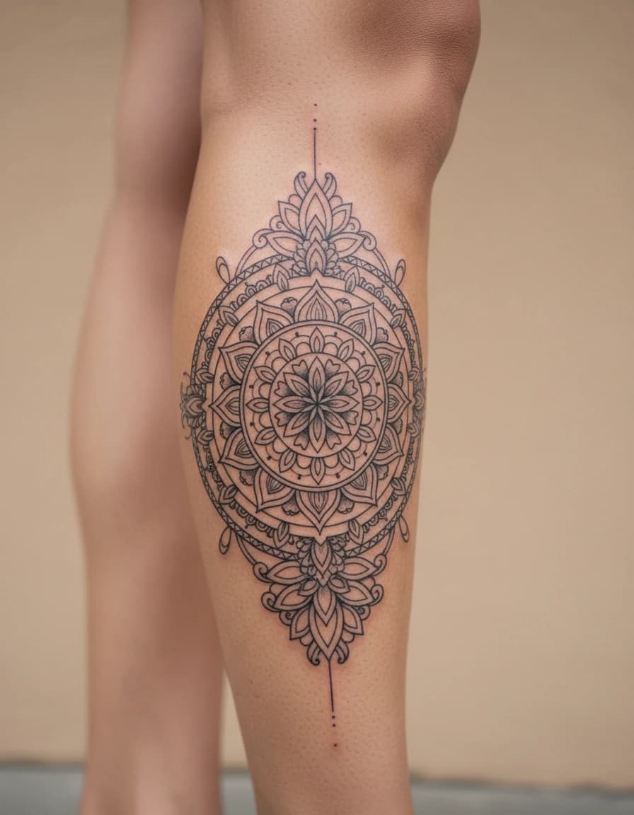 AI-generated concept: Fine Line mandala tattoo illustrated on the calf