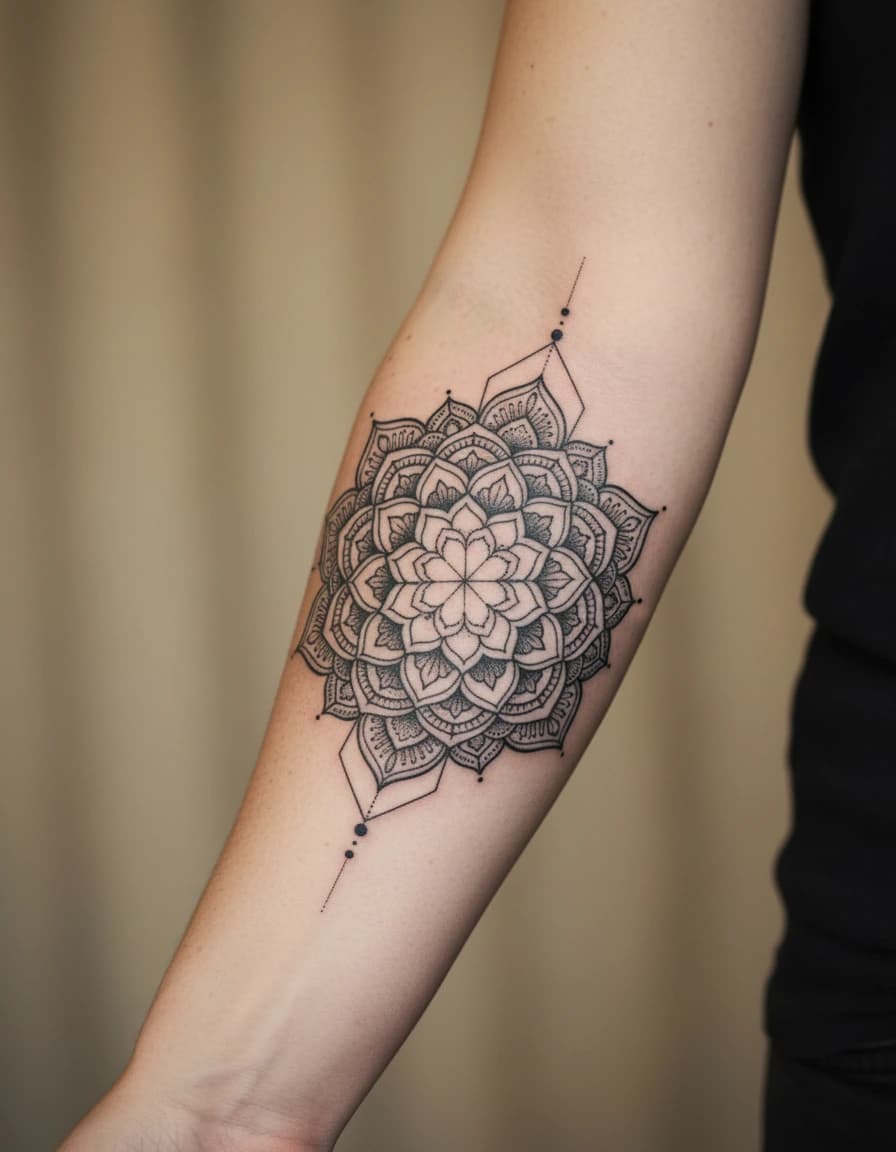 AI-generated concept: Ornamental mandala tattoo illustrated on the inner forearm