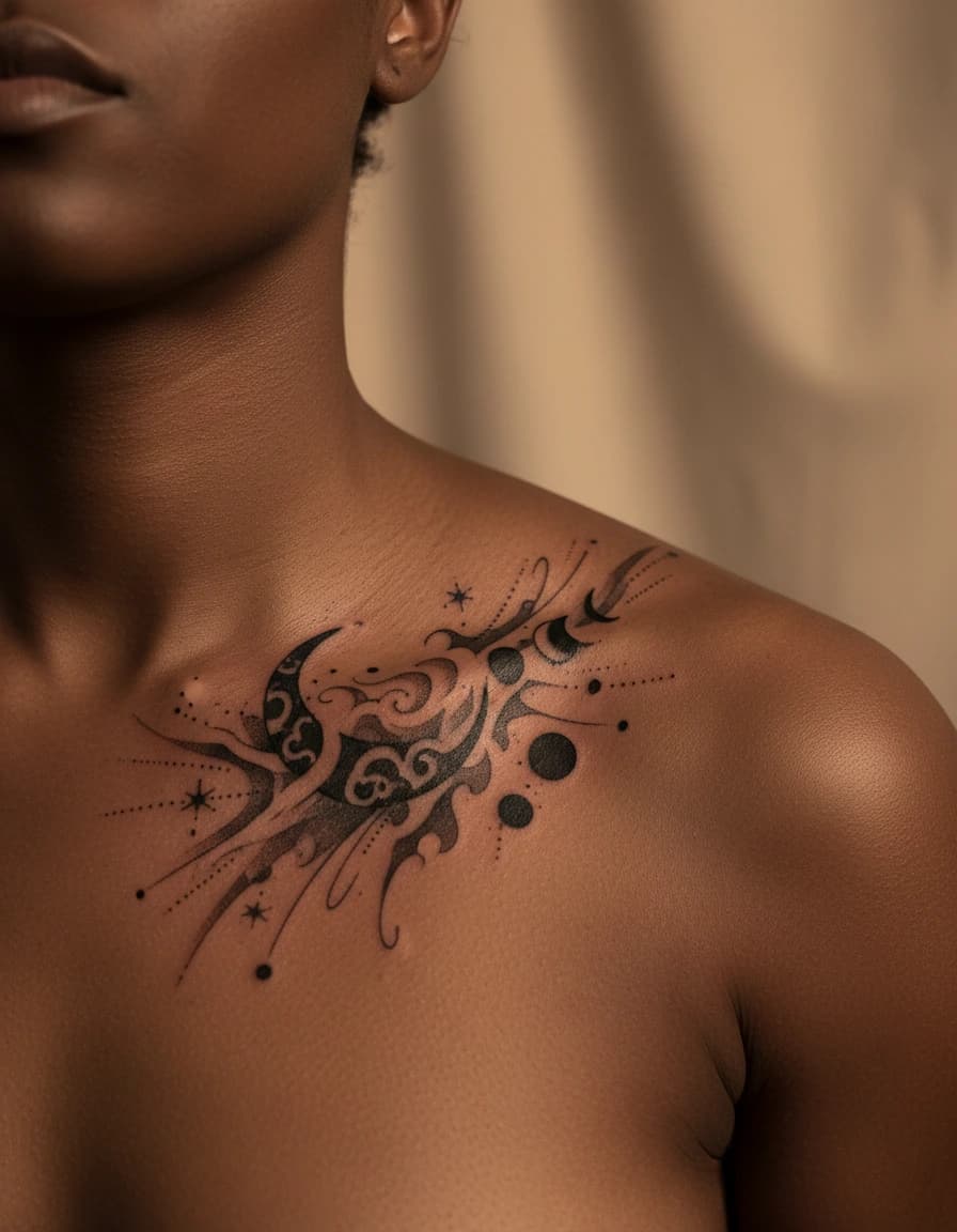 AI-generated concept: Blackwork moon tattoo illustrated on the collarbone