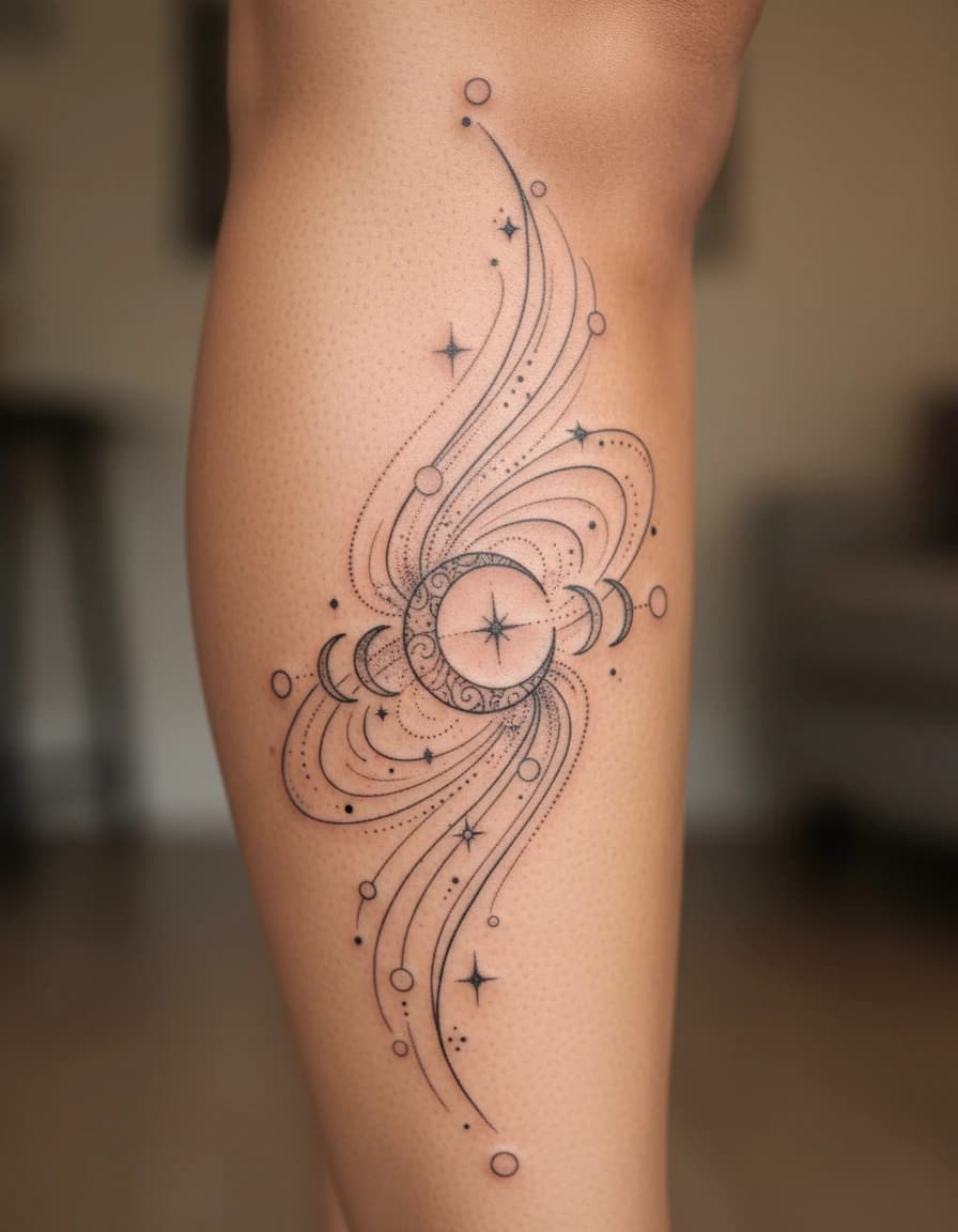 AI-generated concept: Fine Line moon tattoo illustrated on the calf