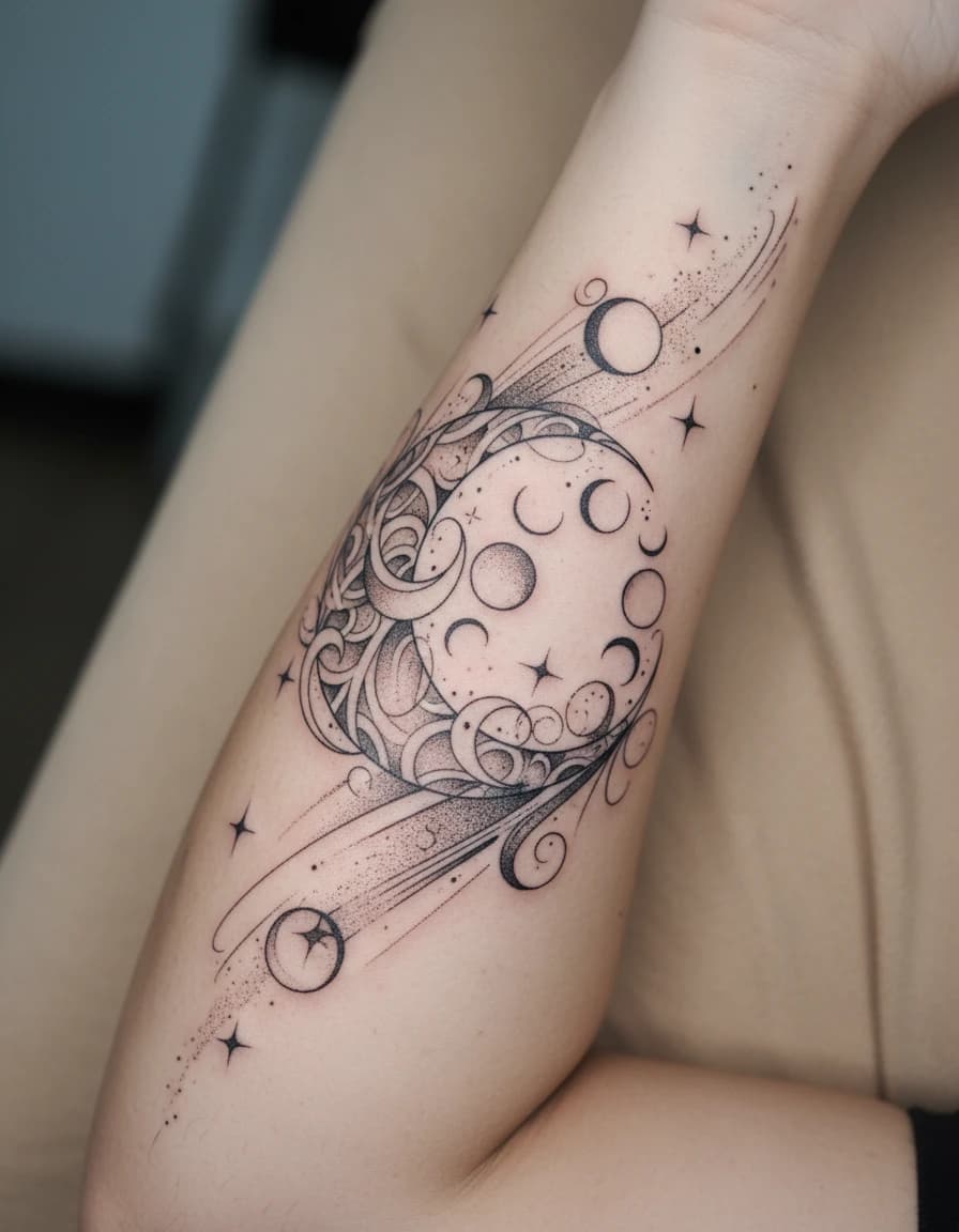 AI-generated ornamental moon tattoo concept shown on the inner forearm