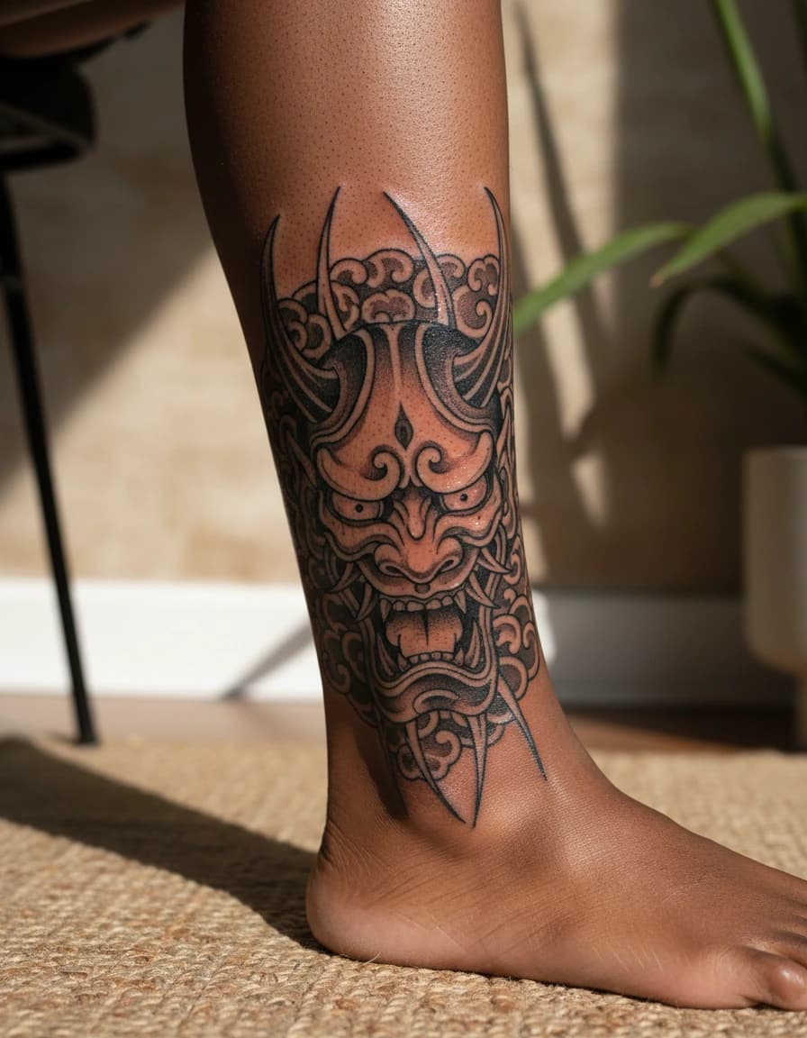 AI-generated concept: Blackwork oni mask tattoo illustrated on the ankle
