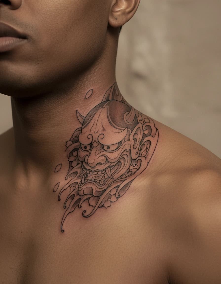 AI-generated concept: Fine Line oni mask tattoo illustrated on the collarbone