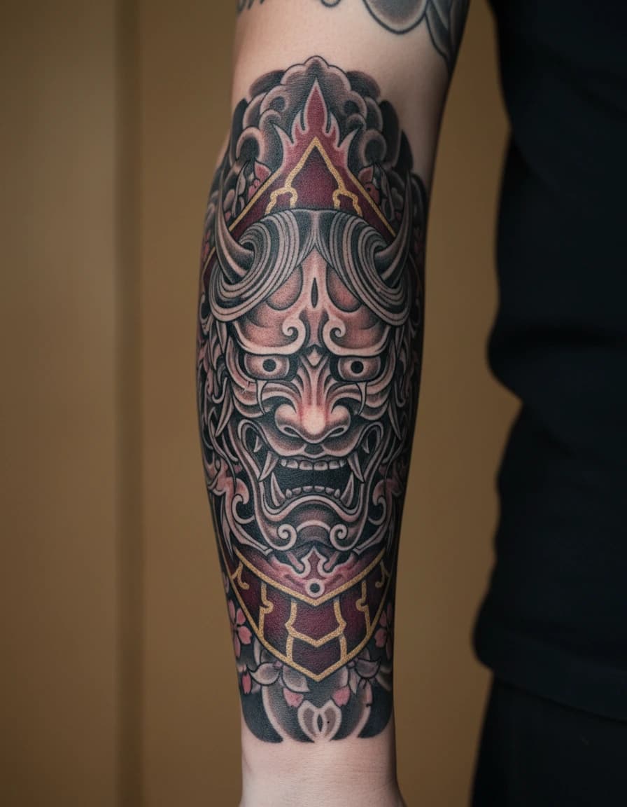 AI-generated concept: Ornamental oni mask tattoo illustrated on the inner forearm