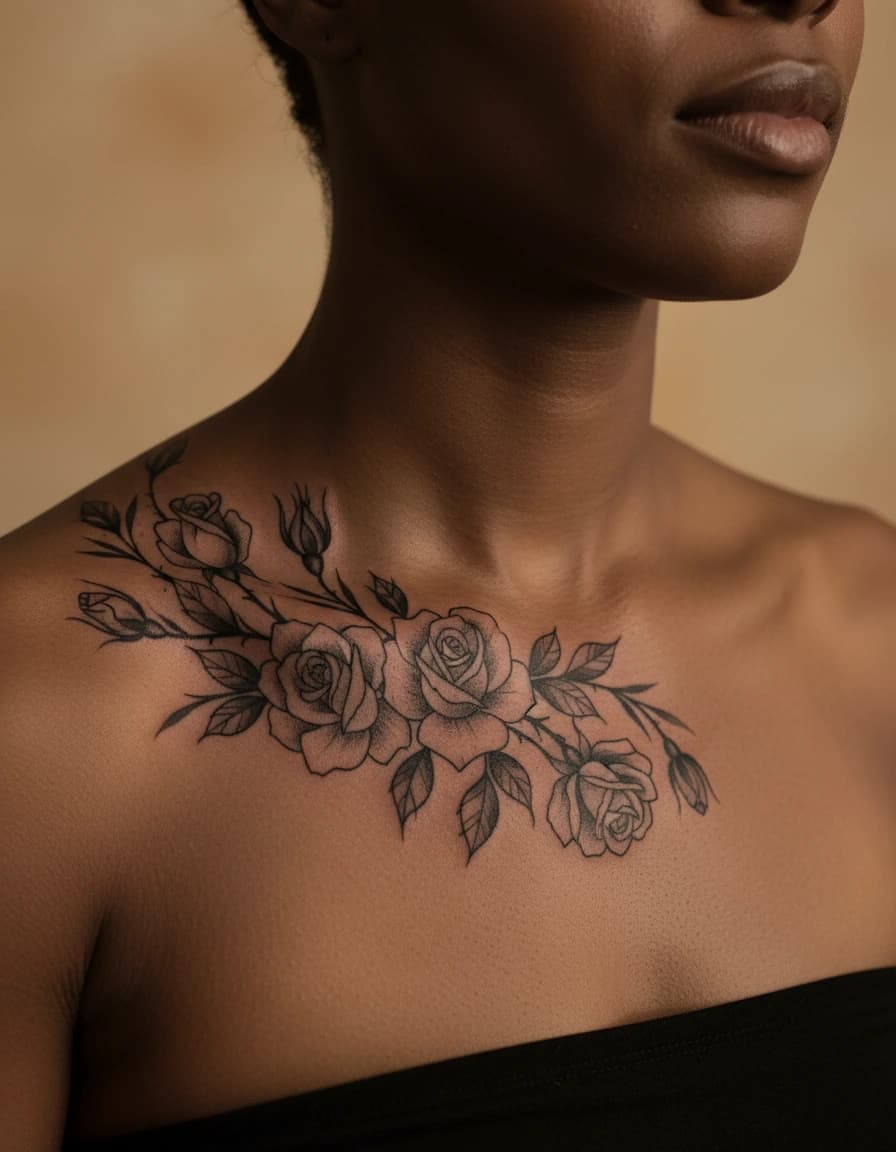 AI-generated concept: Blackwork rose tattoo illustrated on the collarbone
