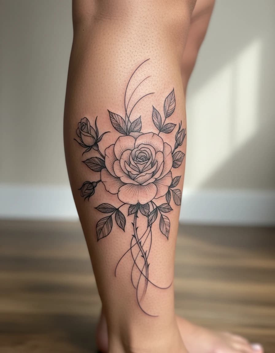 AI-generated concept: Fine Line rose tattoo illustrated on the calf