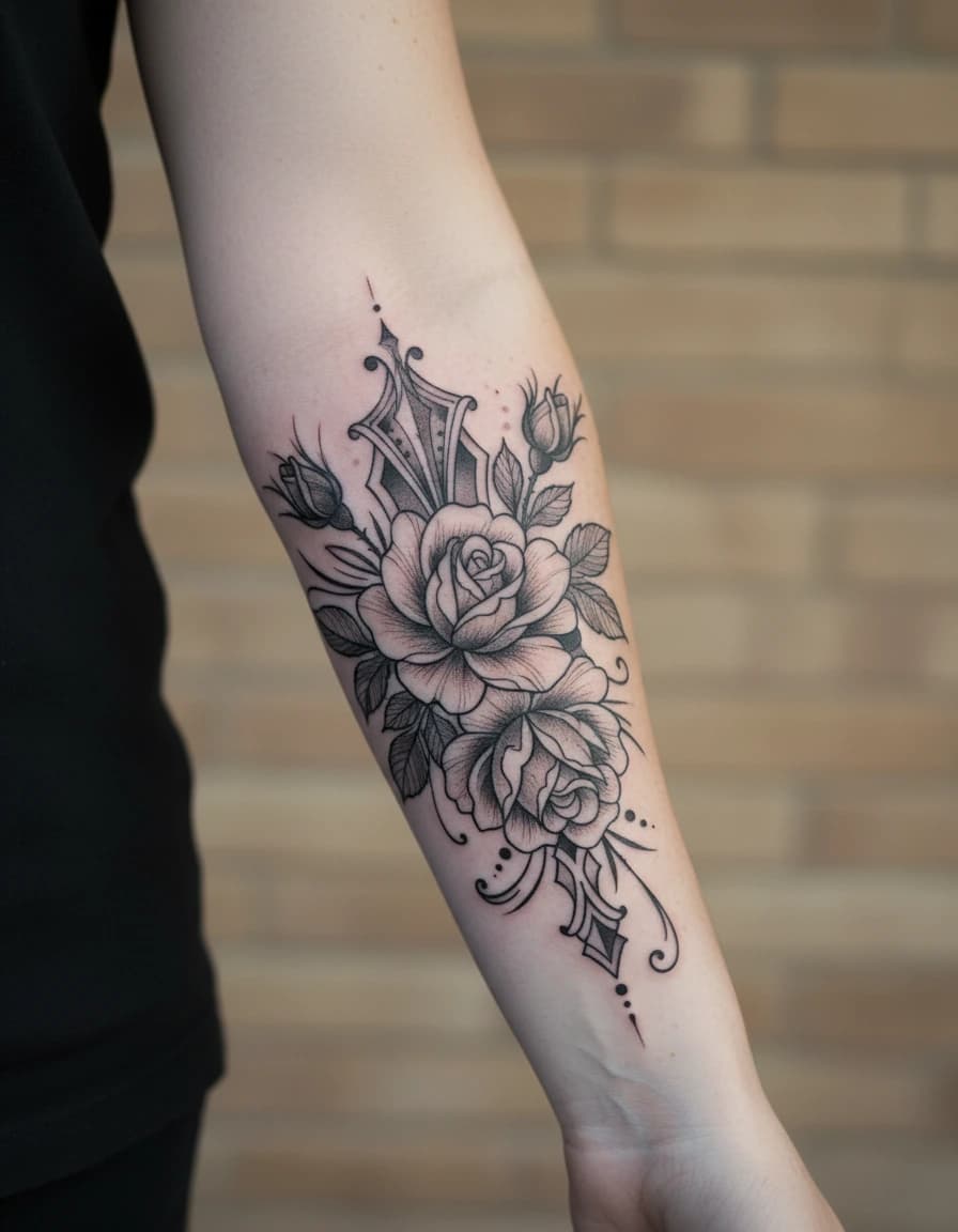AI-generated concept: Ornamental rose tattoo illustrated on the inner forearm