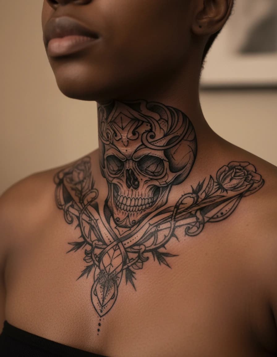 AI-generated concept: Blackwork skull tattoo illustrated on the collarbone