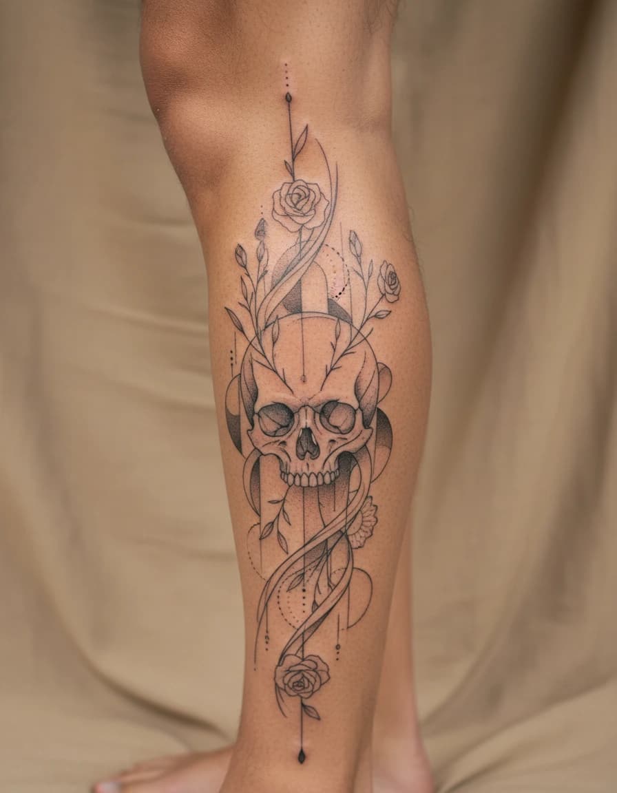 AI-generated concept: Fine Line skull tattoo illustrated on the calf