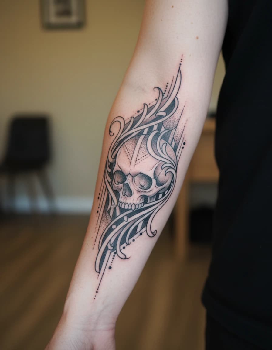 AI-generated concept: Ornamental skull tattoo illustrated on the inner forearm