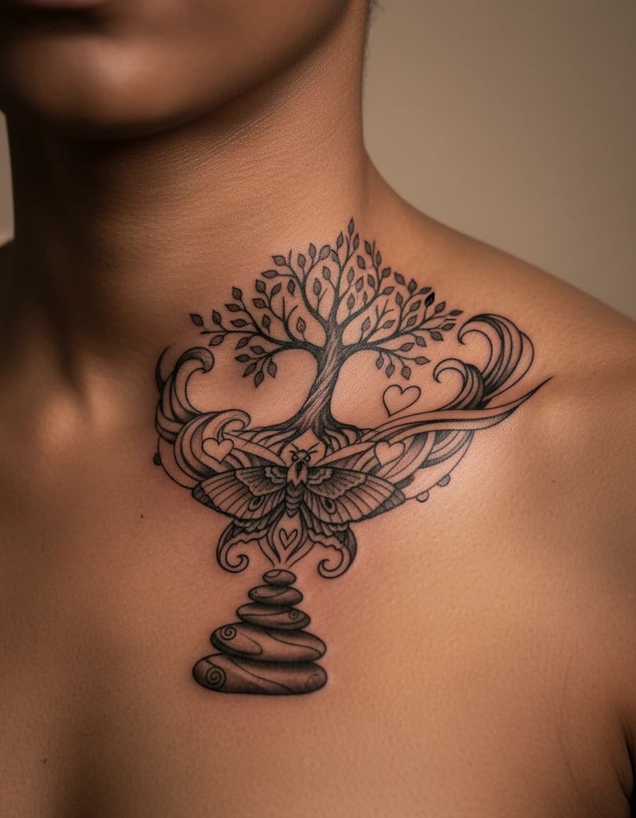 AI-generated concept: Blackwork small meaningful tattoos illustrated on the collarbone