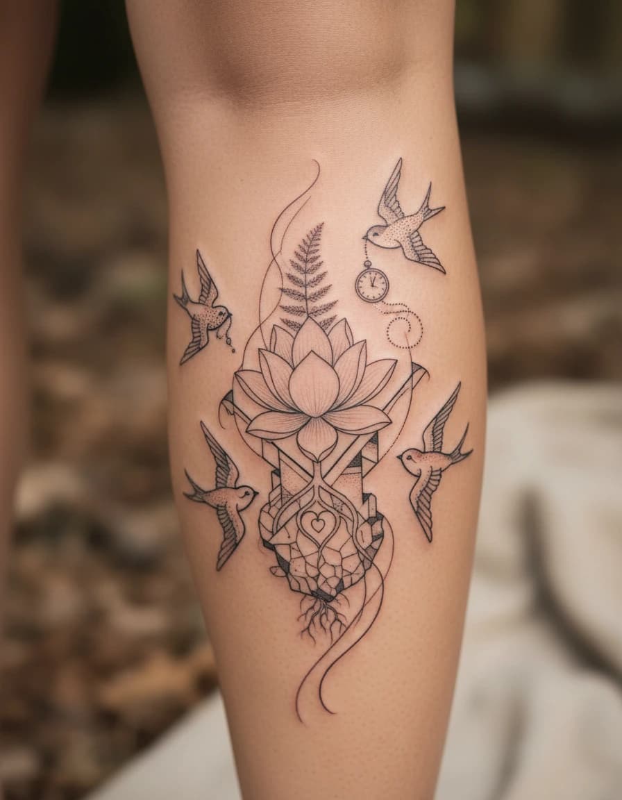 AI-generated concept: Fine Line small meaningful tattoos illustrated on the calf