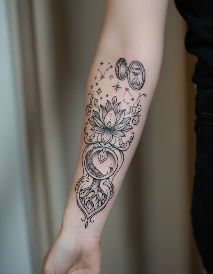 AI-generated concept: Ornamental small meaningful tattoos illustrated on the inner forearm