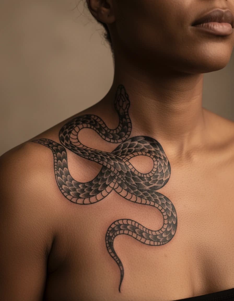 AI-generated concept: Blackwork snake tattoo illustrated on the collarbone