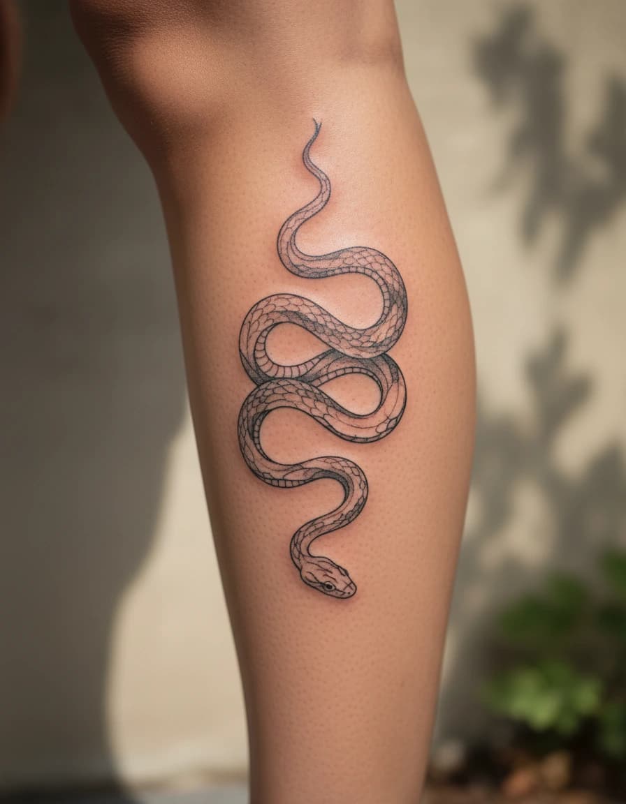 AI-generated concept: Fine Line snake tattoo illustrated on the calf