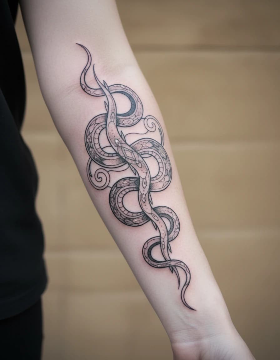 AI-generated concept: Ornamental snake tattoo illustrated on the inner forearm