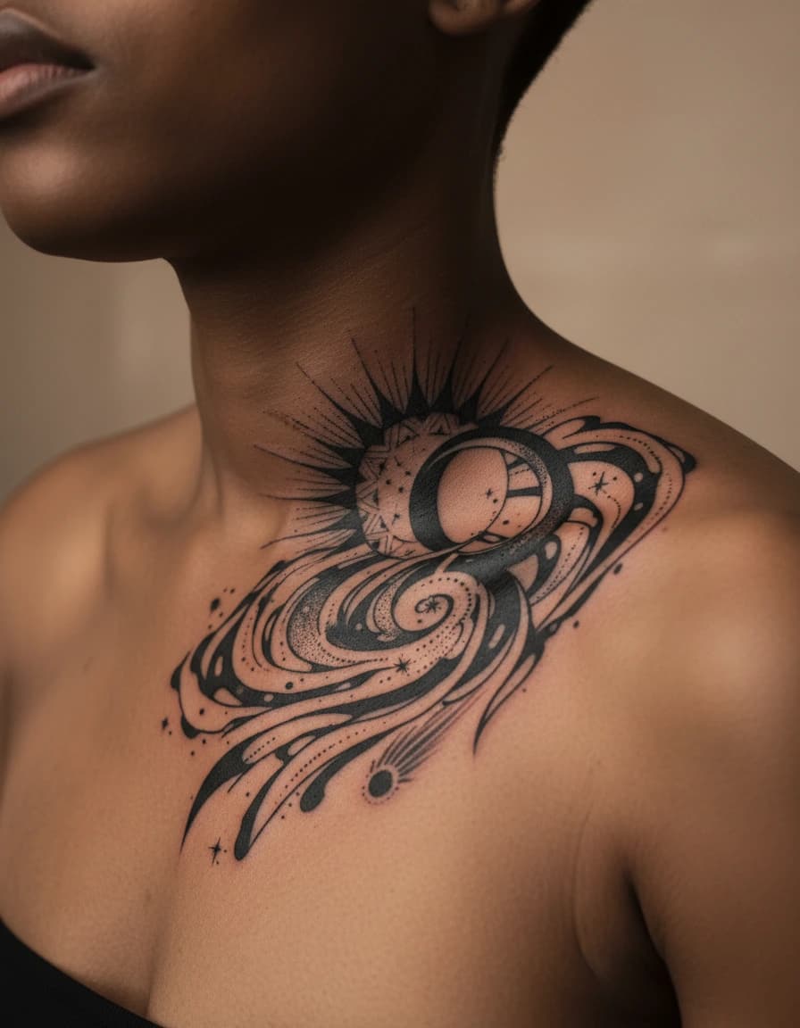 AI-generated concept: Blackwork sun & moon tattoo illustrated on the collarbone