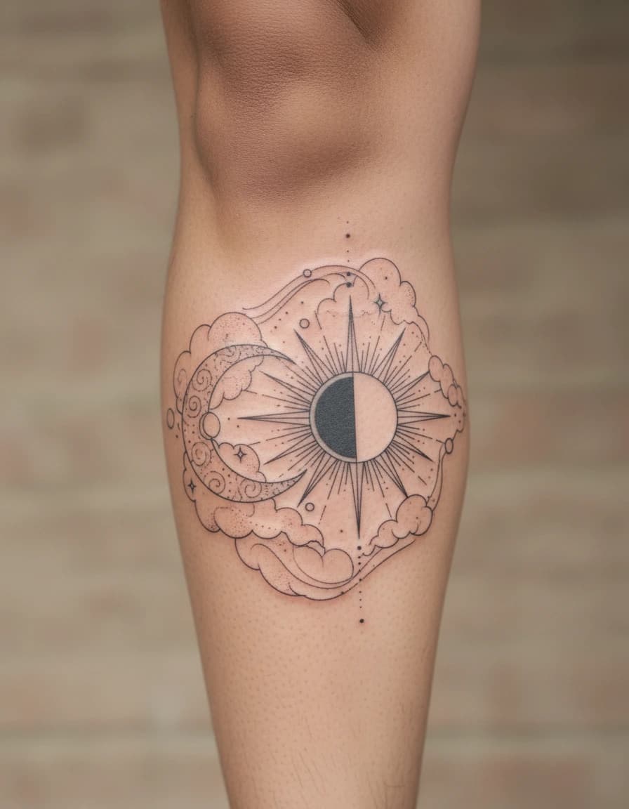 AI-generated concept: Fine Line sun & moon tattoo illustrated on the calf
