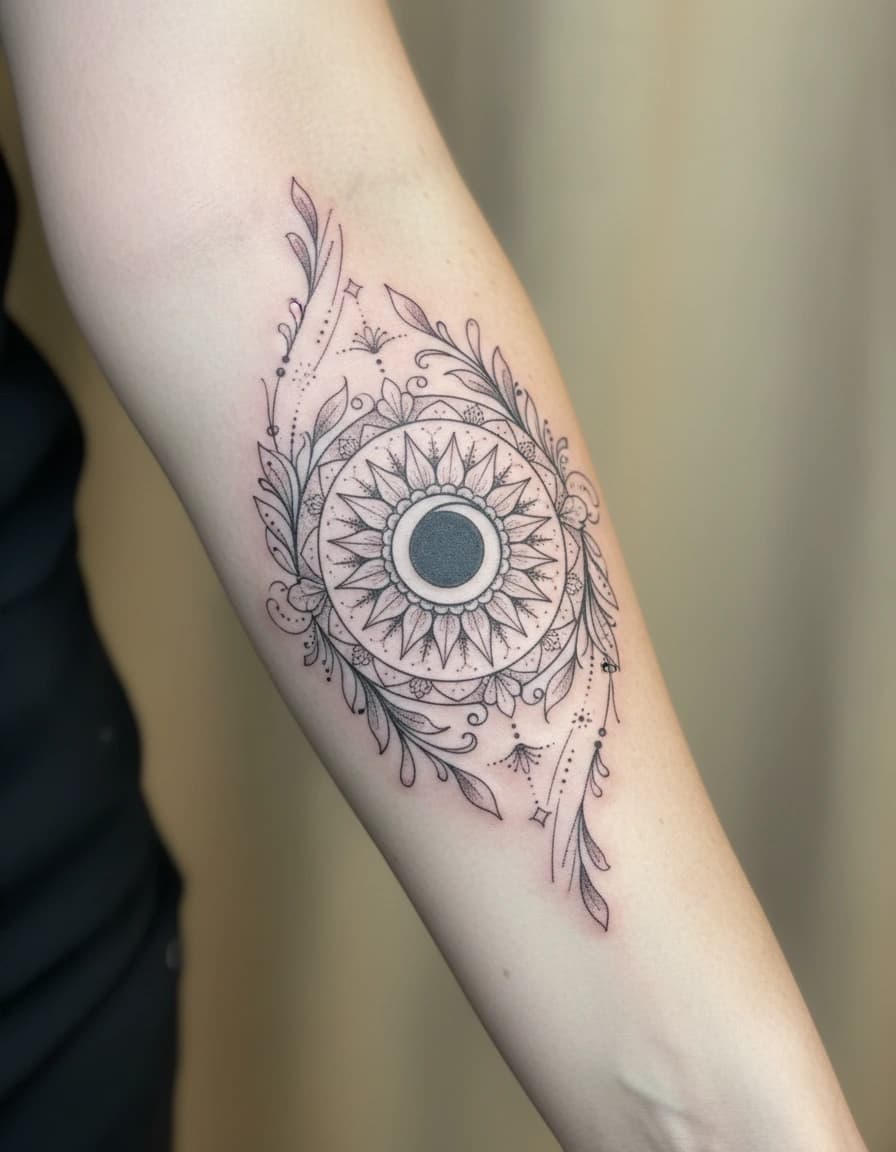 AI-generated concept: Ornamental sun & moon tattoo illustrated on the inner forearm