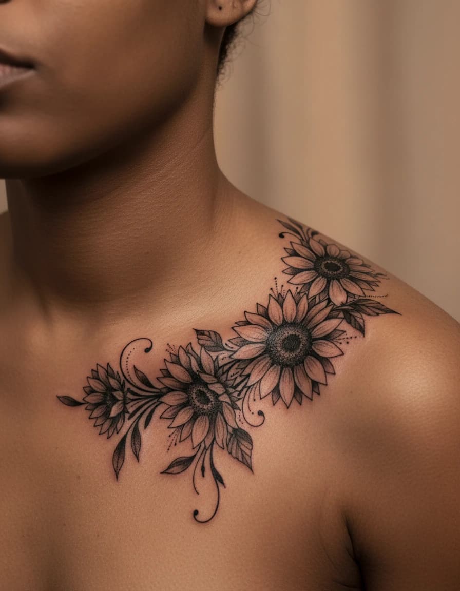 AI-generated concept: Blackwork sunflower tattoo illustrated on the collarbone