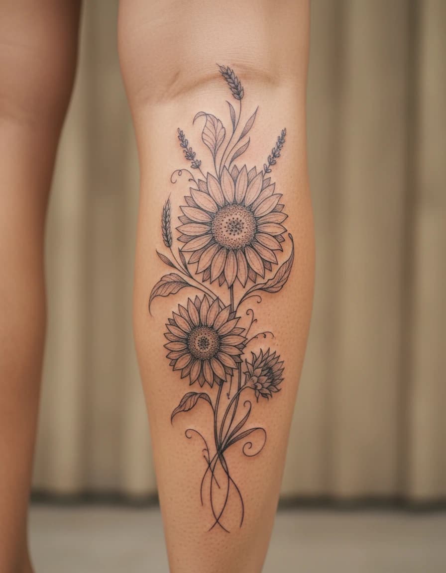 AI-generated concept: Fine Line sunflower tattoo illustrated on the calf