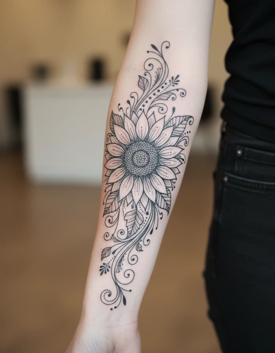 AI-generated concept: Ornamental sunflower tattoo illustrated on the inner forearm