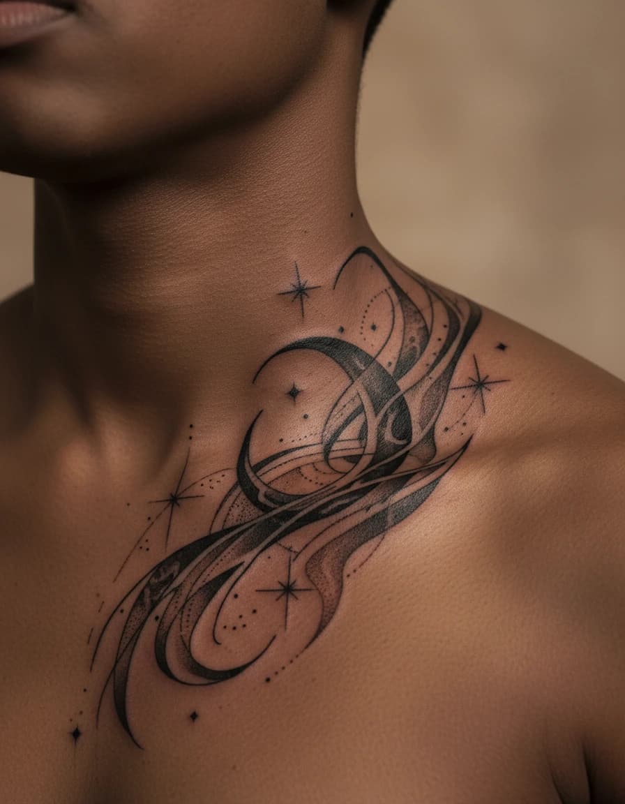 AI-generated concept: Blackwork tattoo ideas illustrated on the collarbone