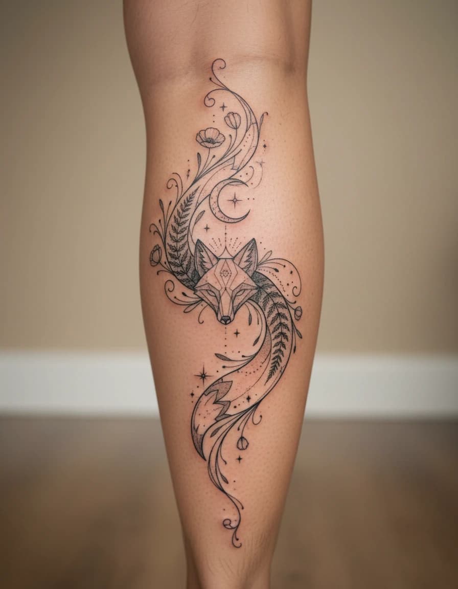 AI-generated concept: Fine Line tattoo ideas illustrated on the calf