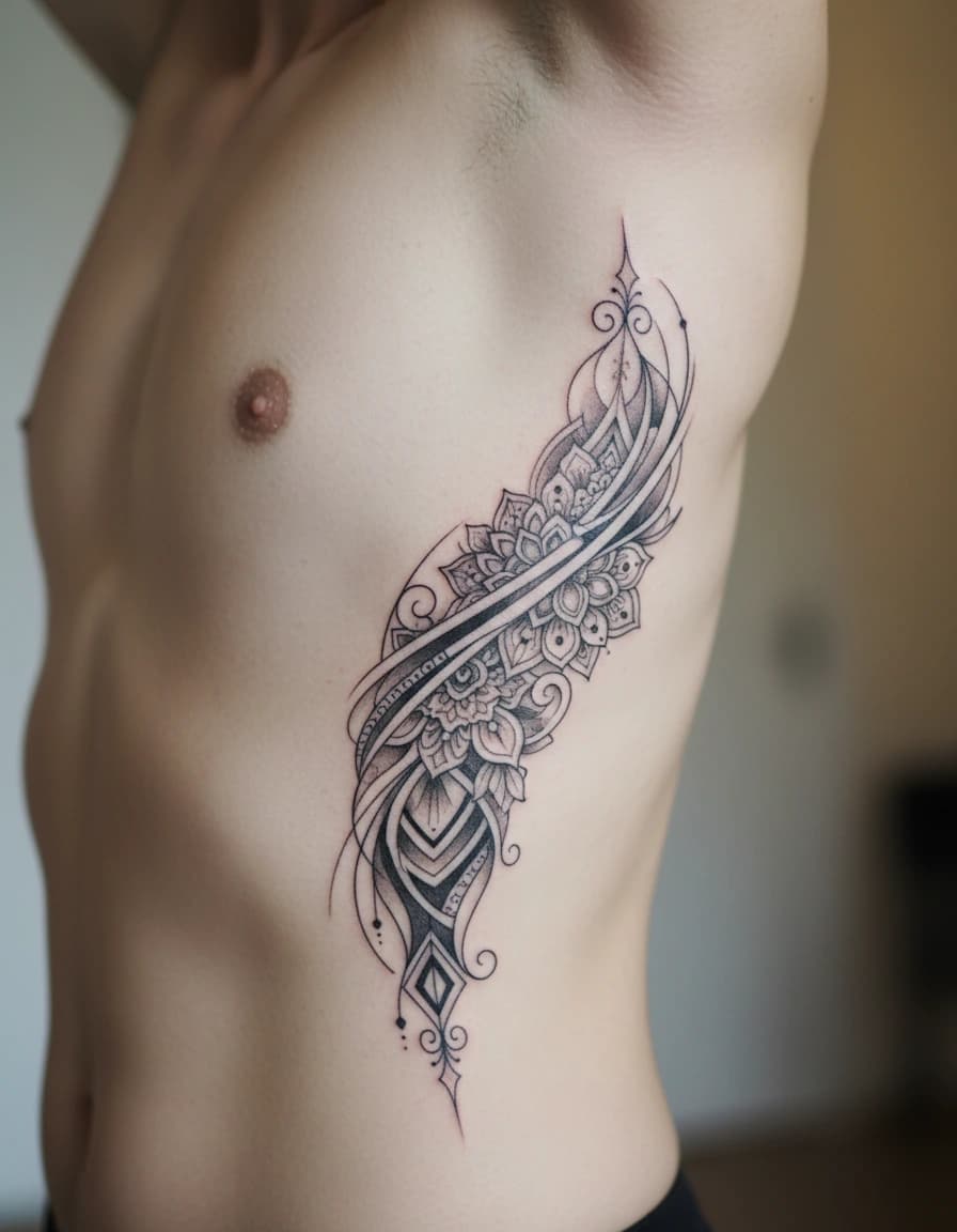 AI-generated concept: Ornamental tattoo ideas illustrated on the side torso