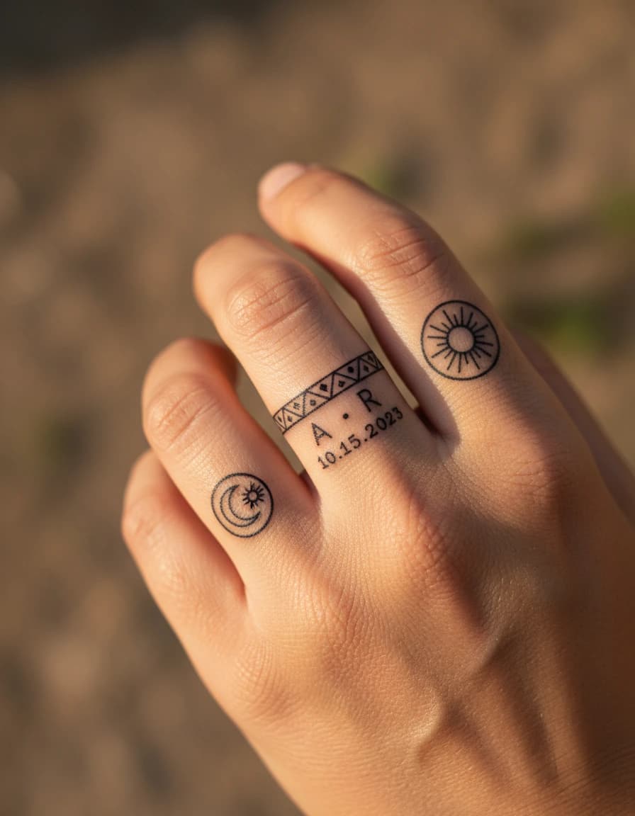 AI-generated concept: Blackwork wedding ring tattoo illustrated on the ring finger