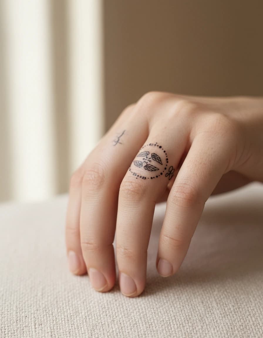 AI-generated concept: Fine Line wedding ring tattoo illustrated on the ring finger