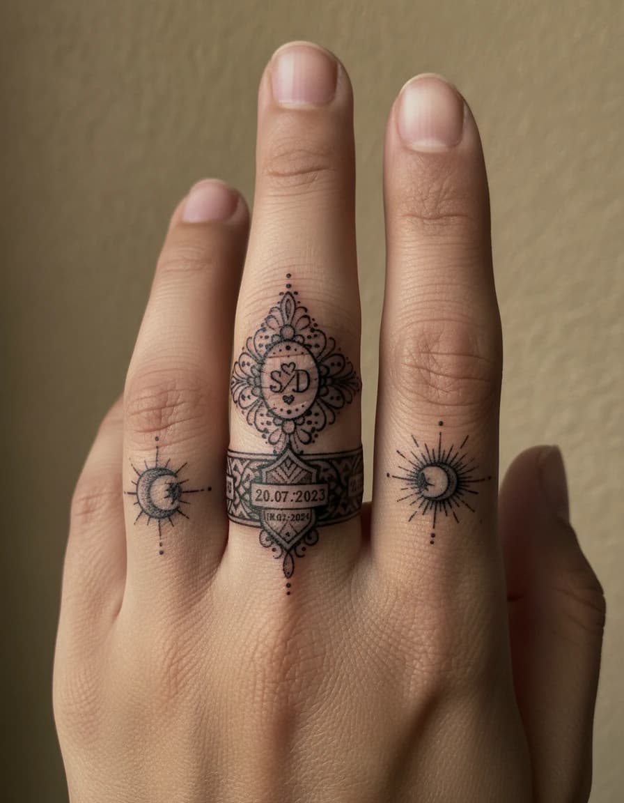AI-generated concept: Ornamental wedding ring tattoo illustrated on the ring finger