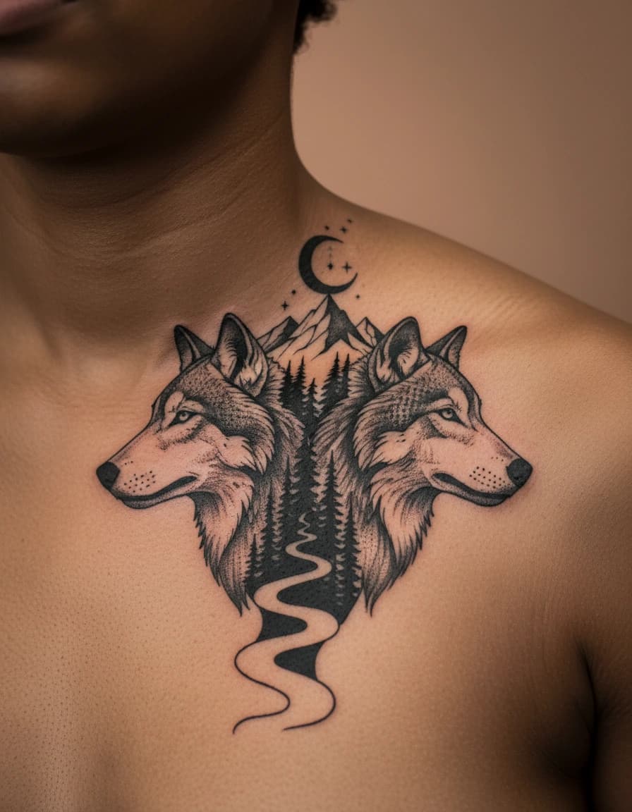 AI-generated concept: Blackwork wolf tattoo illustrated on the collarbone