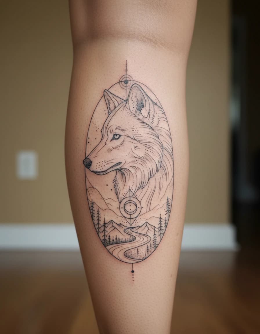 AI-generated concept: Fine Line wolf tattoo illustrated on the calf