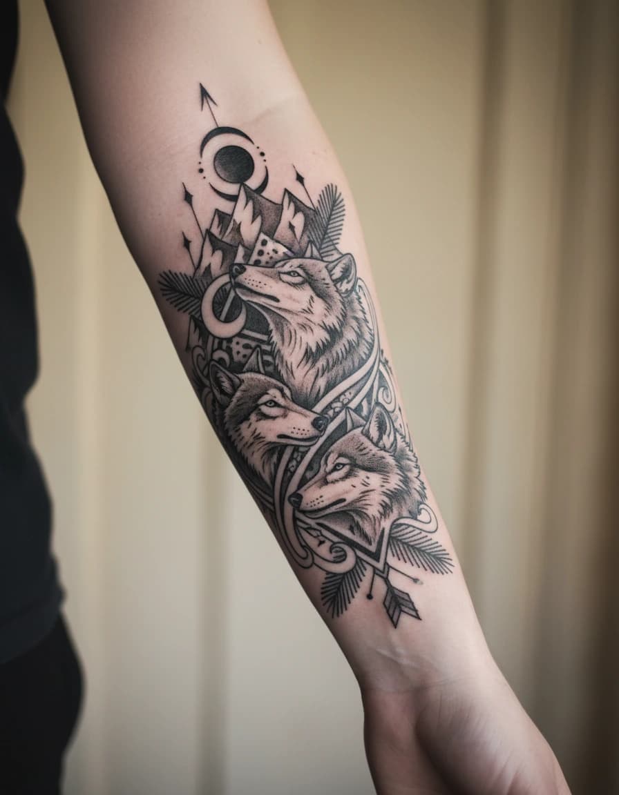 AI-generated concept: Ornamental wolf tattoo illustrated on the inner forearm